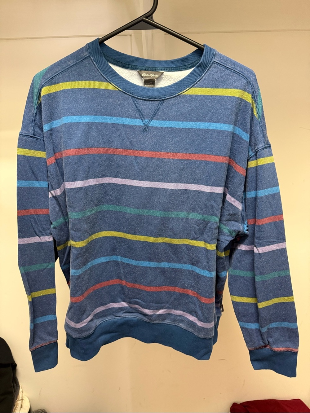 Eddie Bauer Navy Blue Crewneck Sweater with Multicolor Stripes